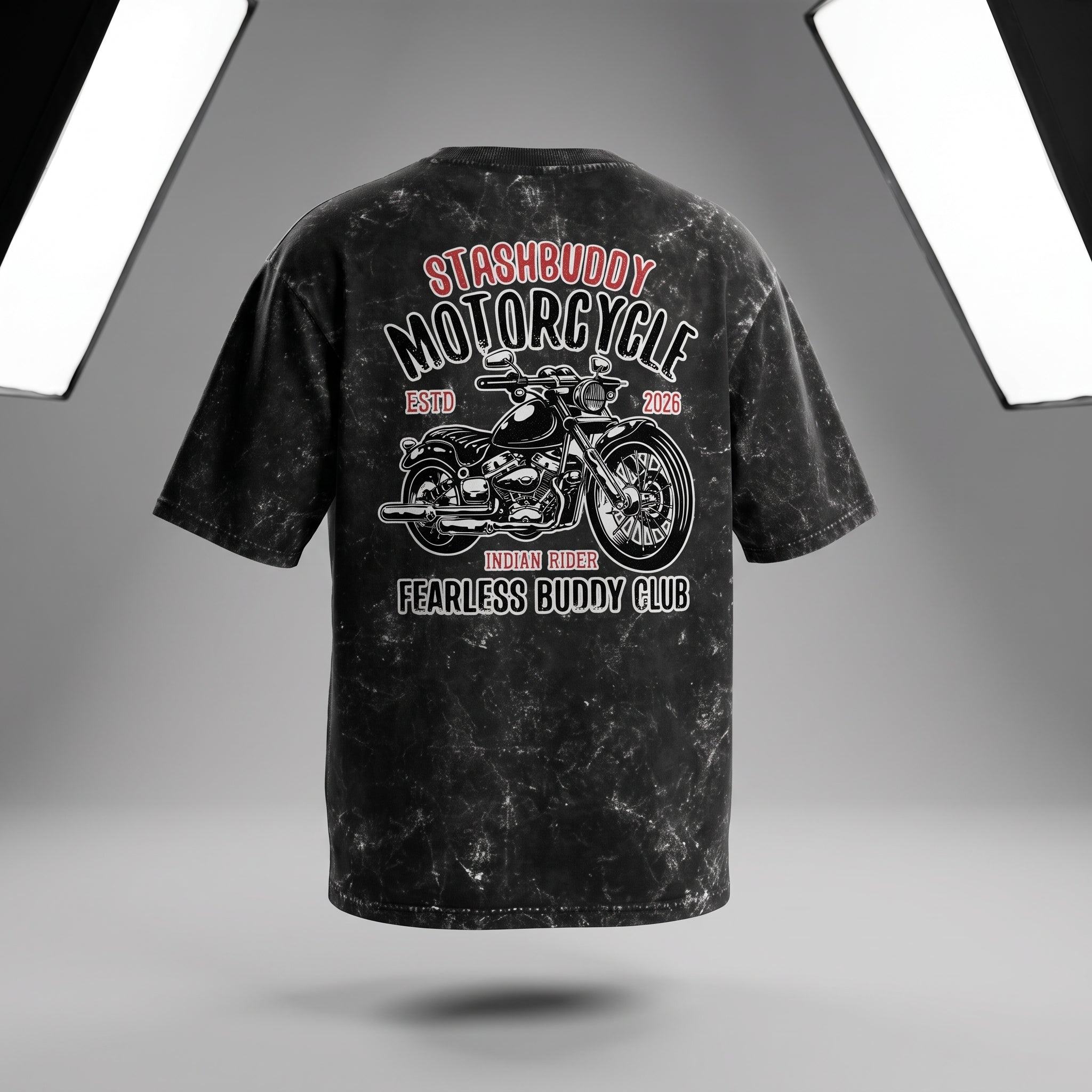 StashBuddy Motorcycle Graphic Oversized T-Shirt for Men & Women | Unisex Acid Wash Cotton Tee