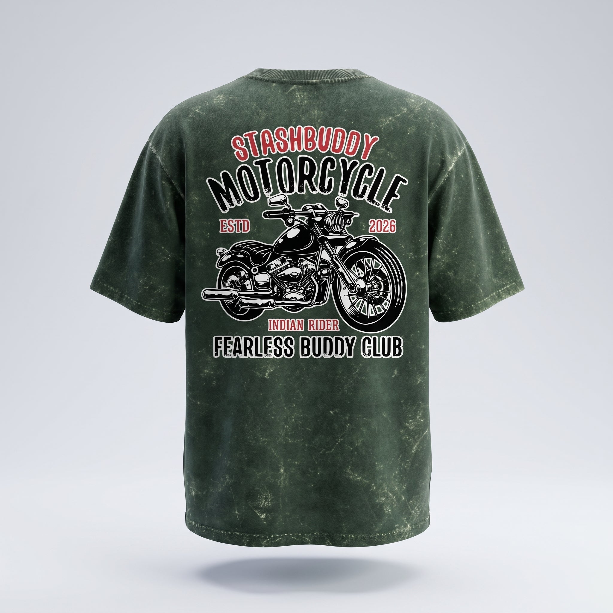 StashBuddy Motorcycle Graphic Oversized T-Shirt for Men & Women | Unisex Acid Wash Cotton Tee