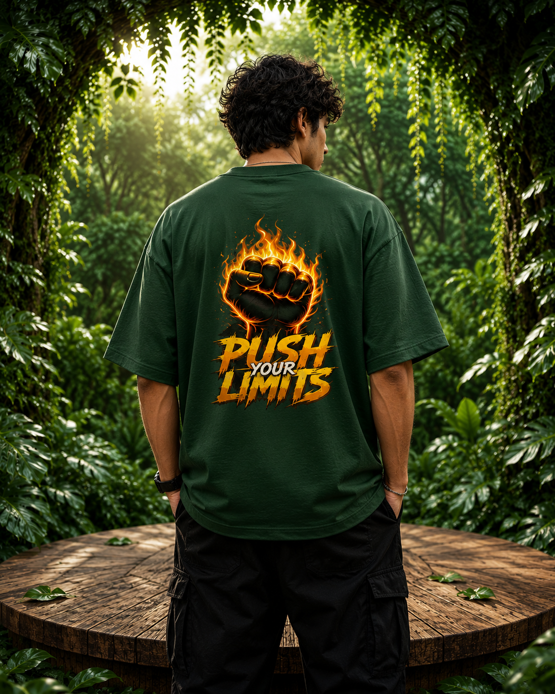 STASHBUDDY Inferno Fist Forest Green Oversized T-Shirt
