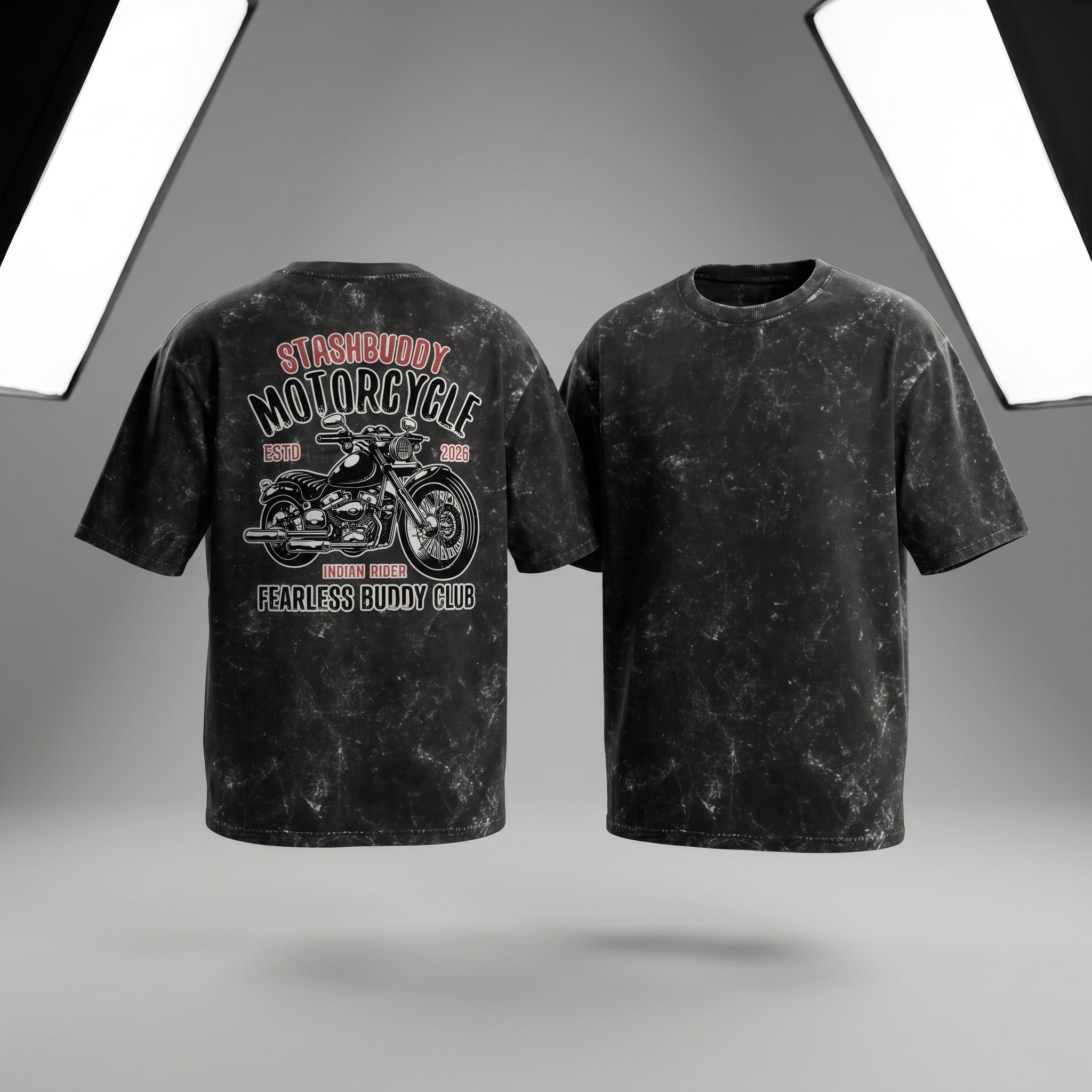 StashBuddy Motorcycle Graphic Oversized T-Shirt for Men & Women | Unisex Acid Wash Cotton Tee