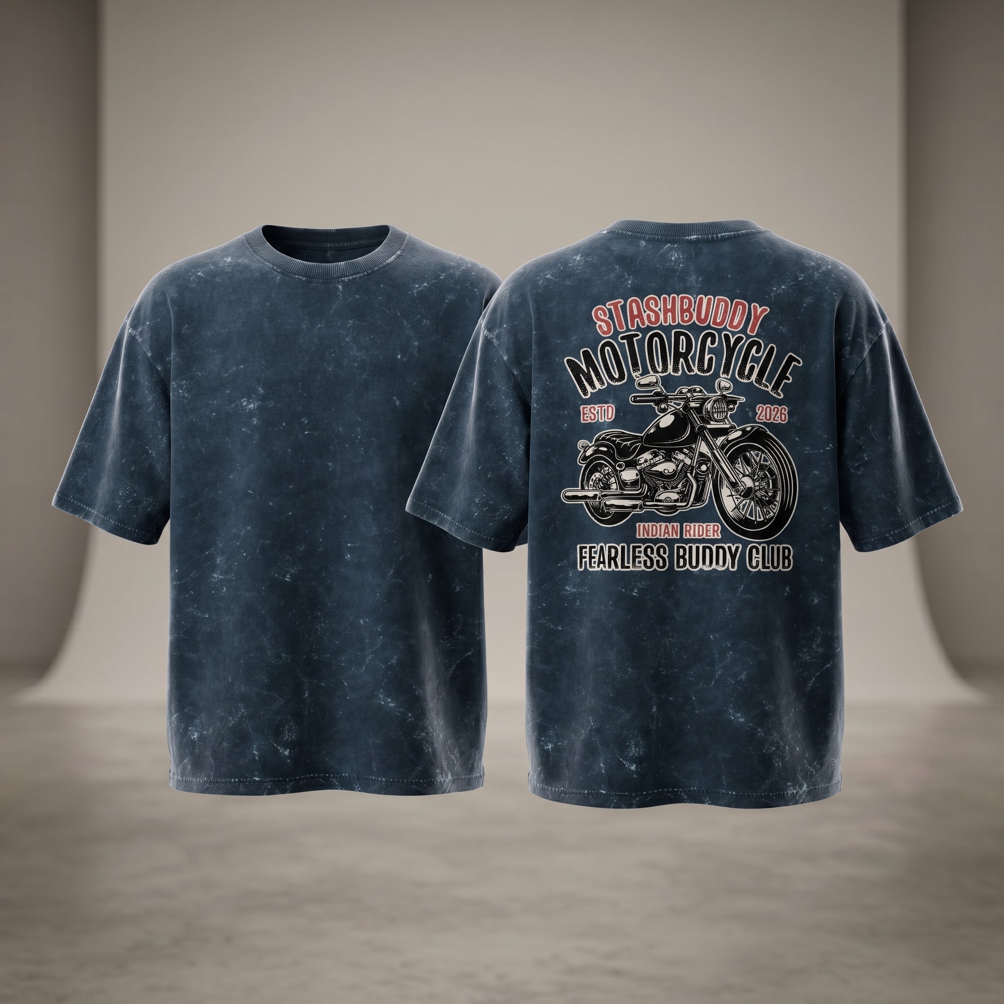 StashBuddy Motorcycle Graphic Oversized T-Shirt for Men & Women | Unisex Acid Wash Cotton Tee