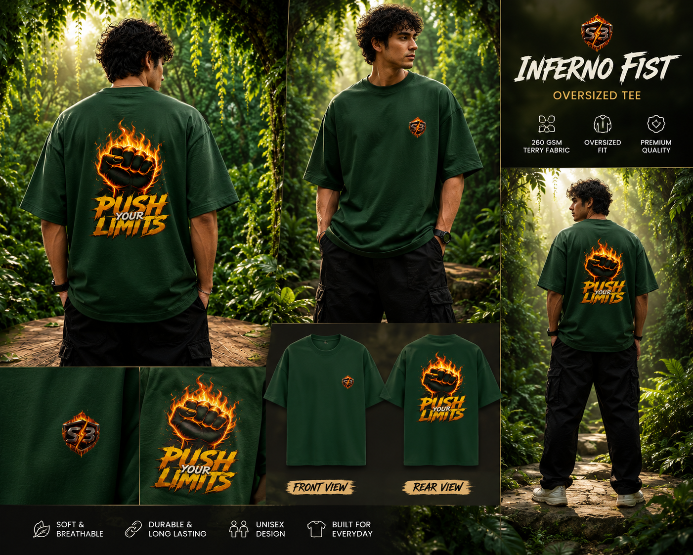 STASHBUDDY Inferno Fist Forest Green Oversized T-Shirt