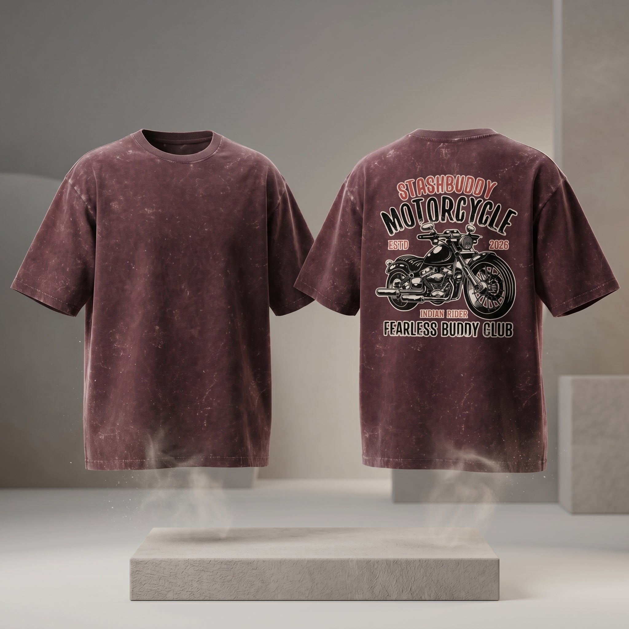 StashBuddy Motorcycle Graphic Oversized T-Shirt for Men & Women | Unisex Acid Wash Cotton Tee