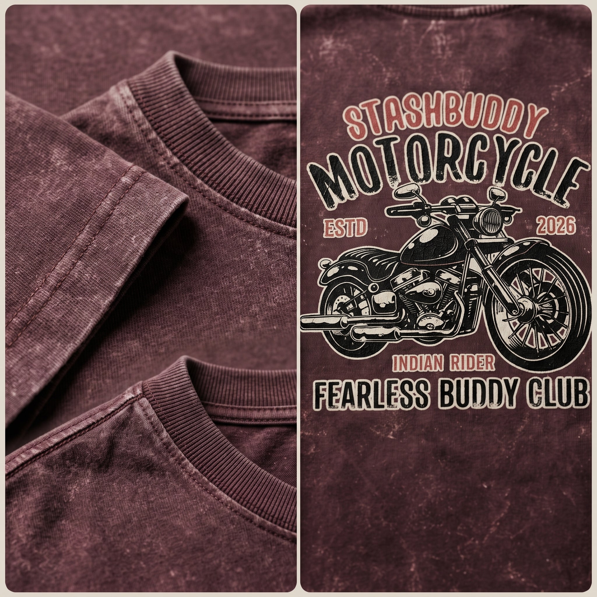 StashBuddy Motorcycle Graphic Oversized T-Shirt for Men & Women | Unisex Acid Wash Cotton Tee