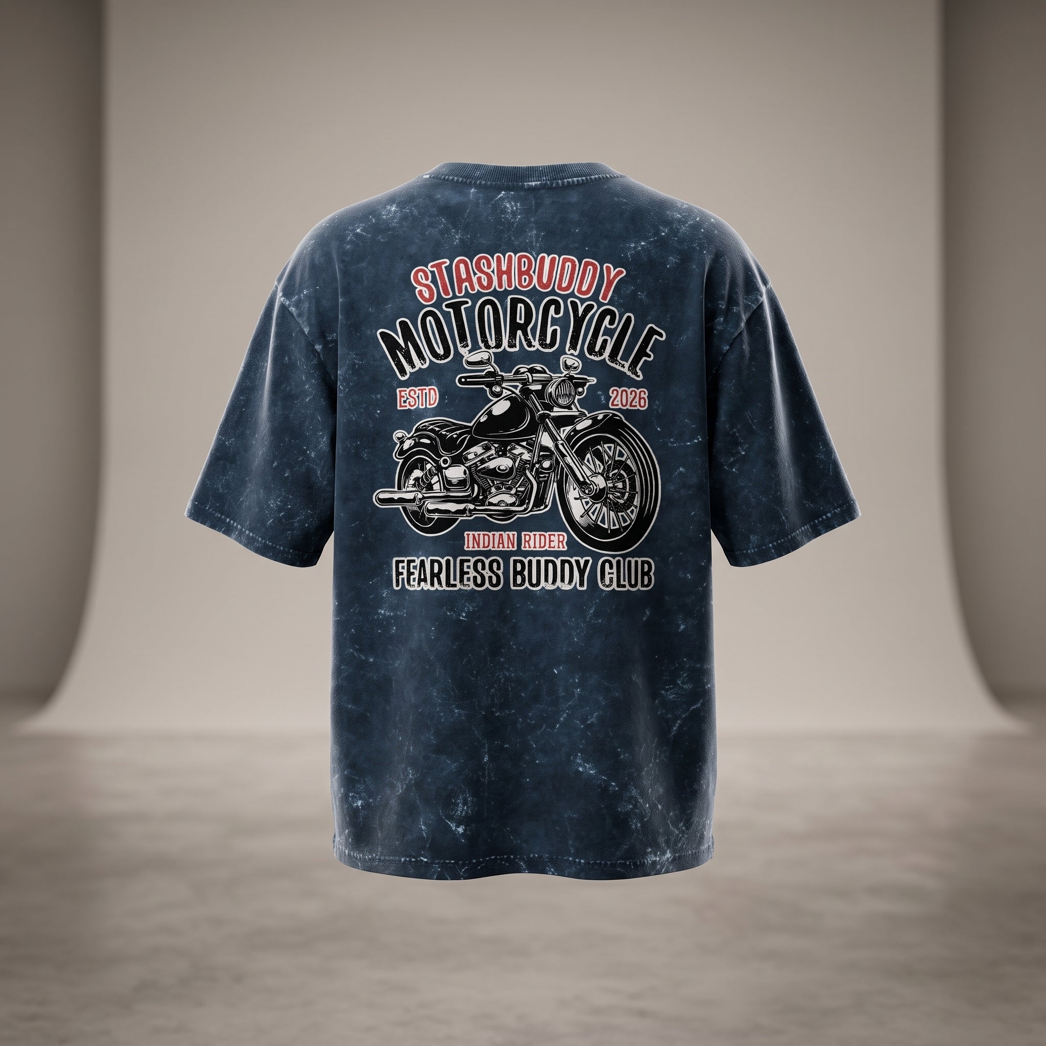 StashBuddy Motorcycle Graphic Oversized T-Shirt for Men & Women | Unisex Acid Wash Cotton Tee