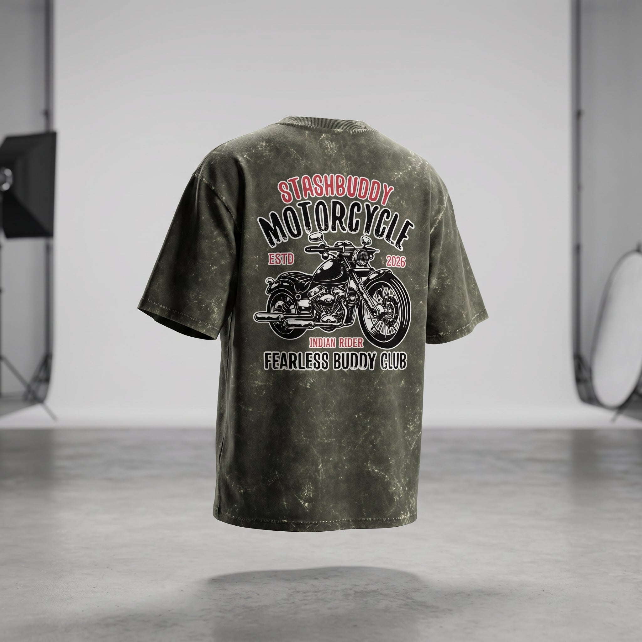 StashBuddy Motorcycle Graphic Oversized T-Shirt for Men & Women | Unisex Acid Wash Cotton Tee