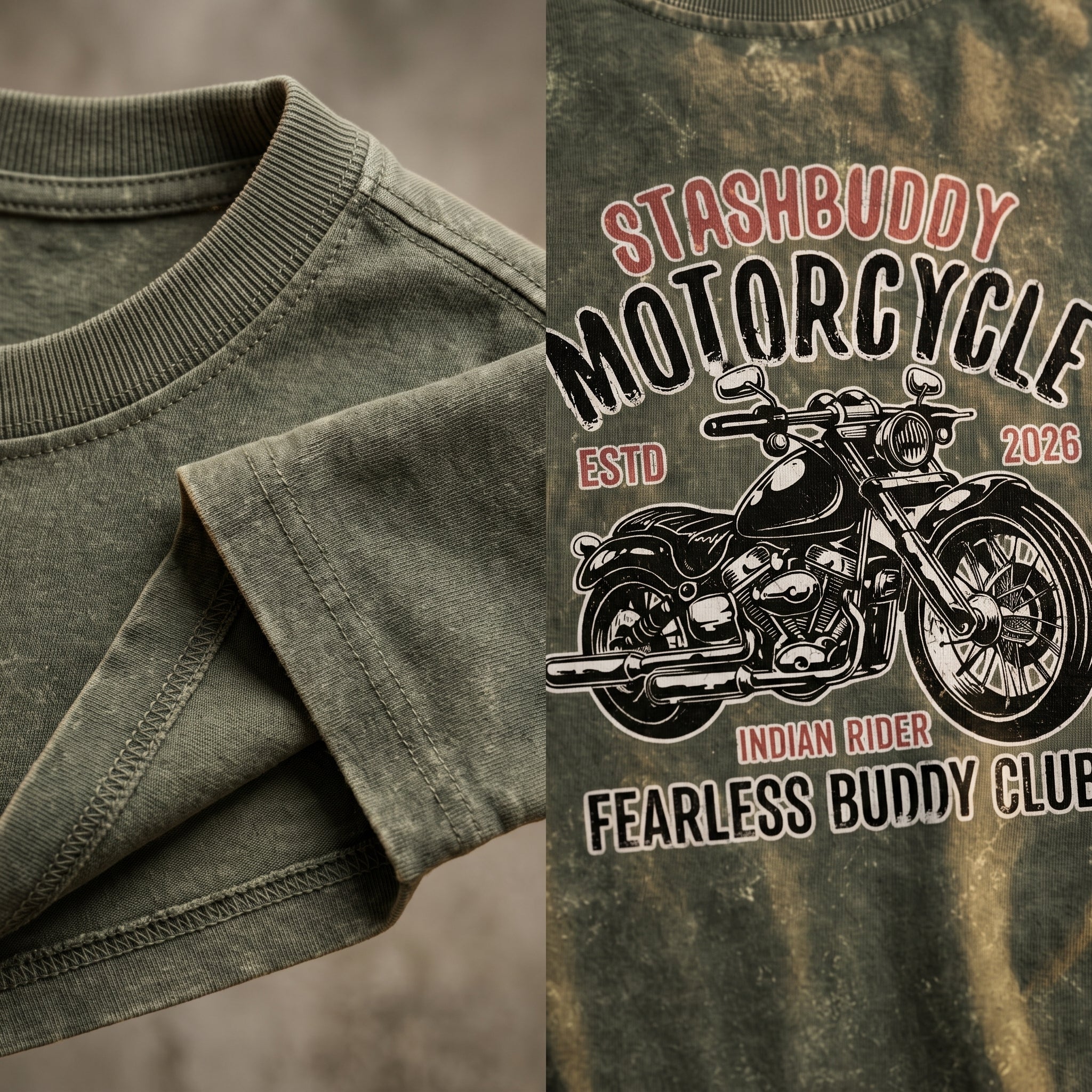 StashBuddy Motorcycle Graphic Oversized T-Shirt for Men & Women | Unisex Acid Wash Cotton Tee