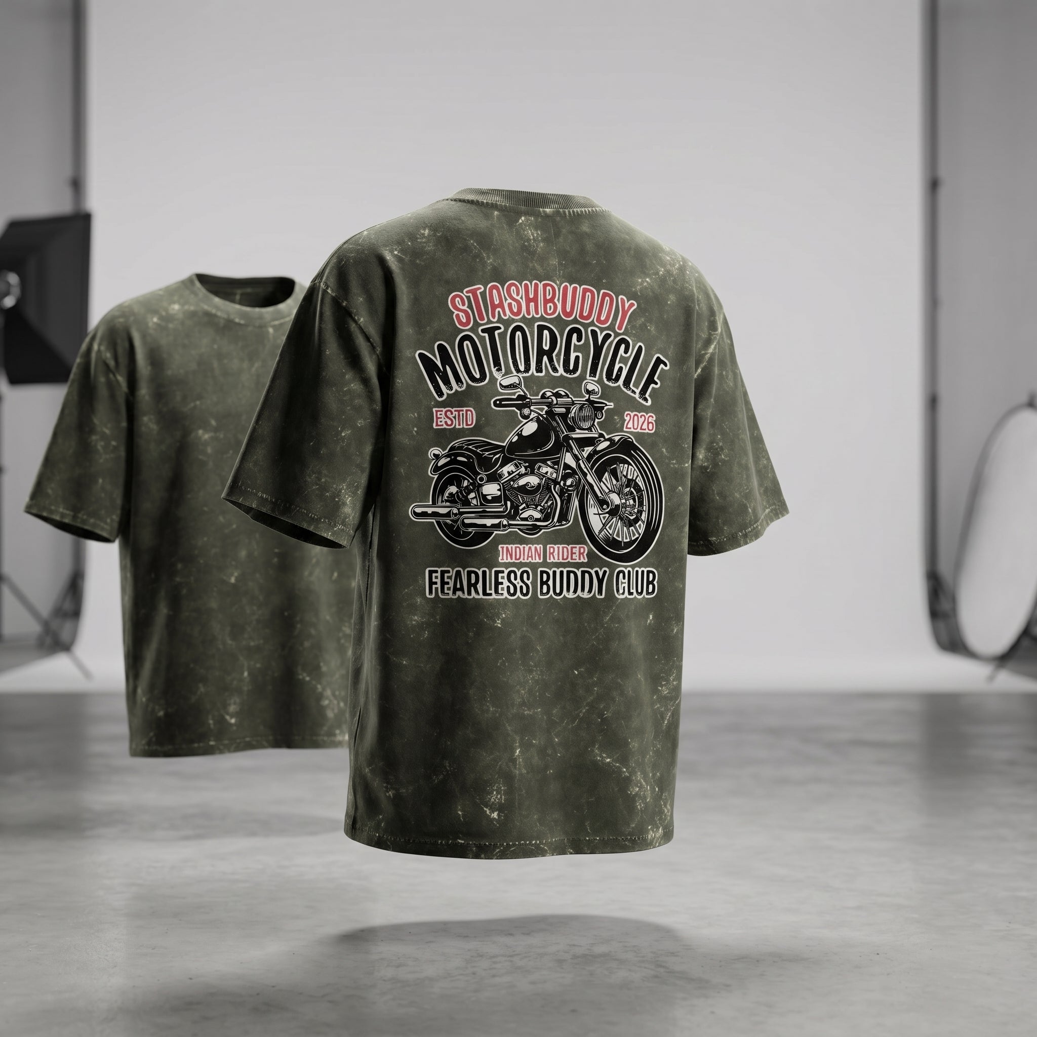 StashBuddy Motorcycle Graphic Oversized T-Shirt for Men & Women | Unisex Acid Wash Cotton Tee
