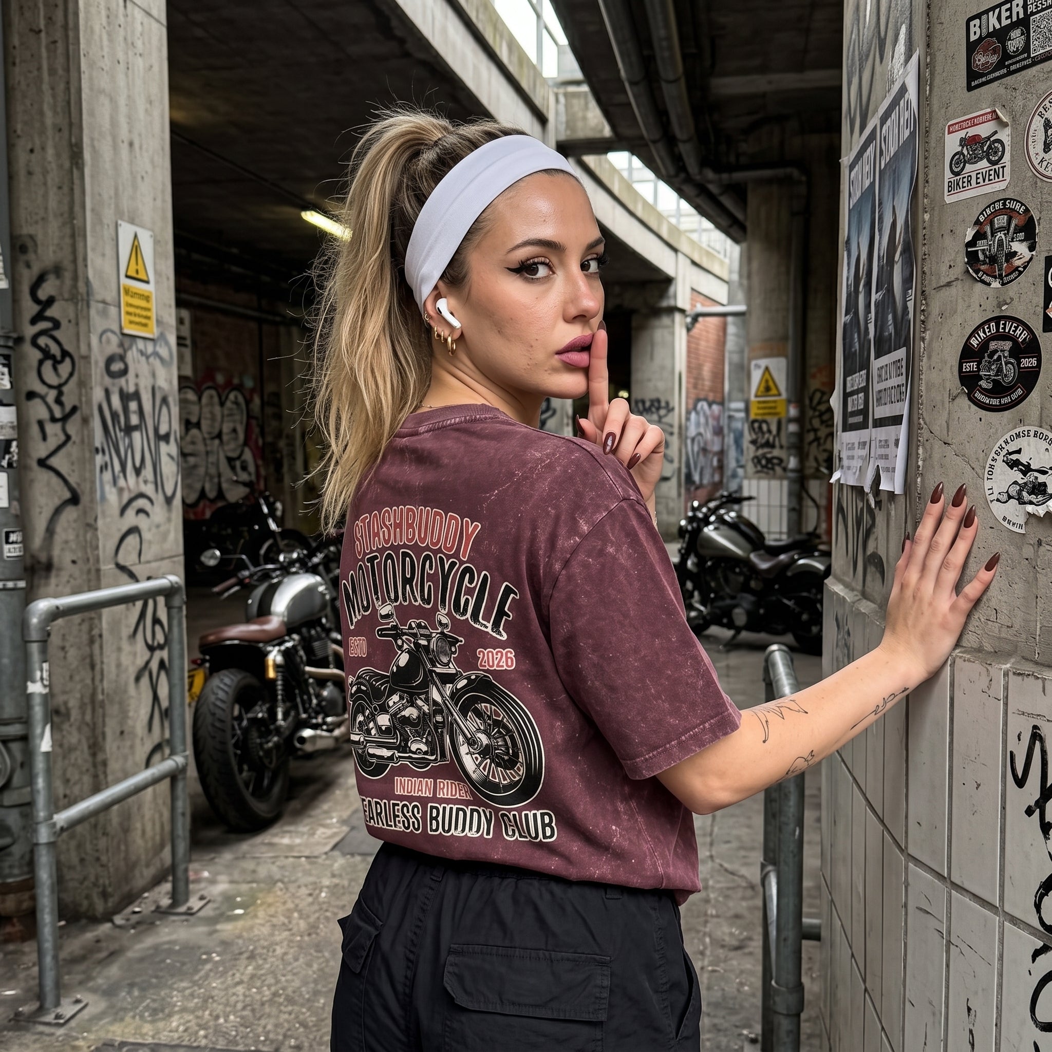 StashBuddy Motorcycle Graphic Oversized T-Shirt for Men & Women | Unisex Acid Wash Cotton Tee