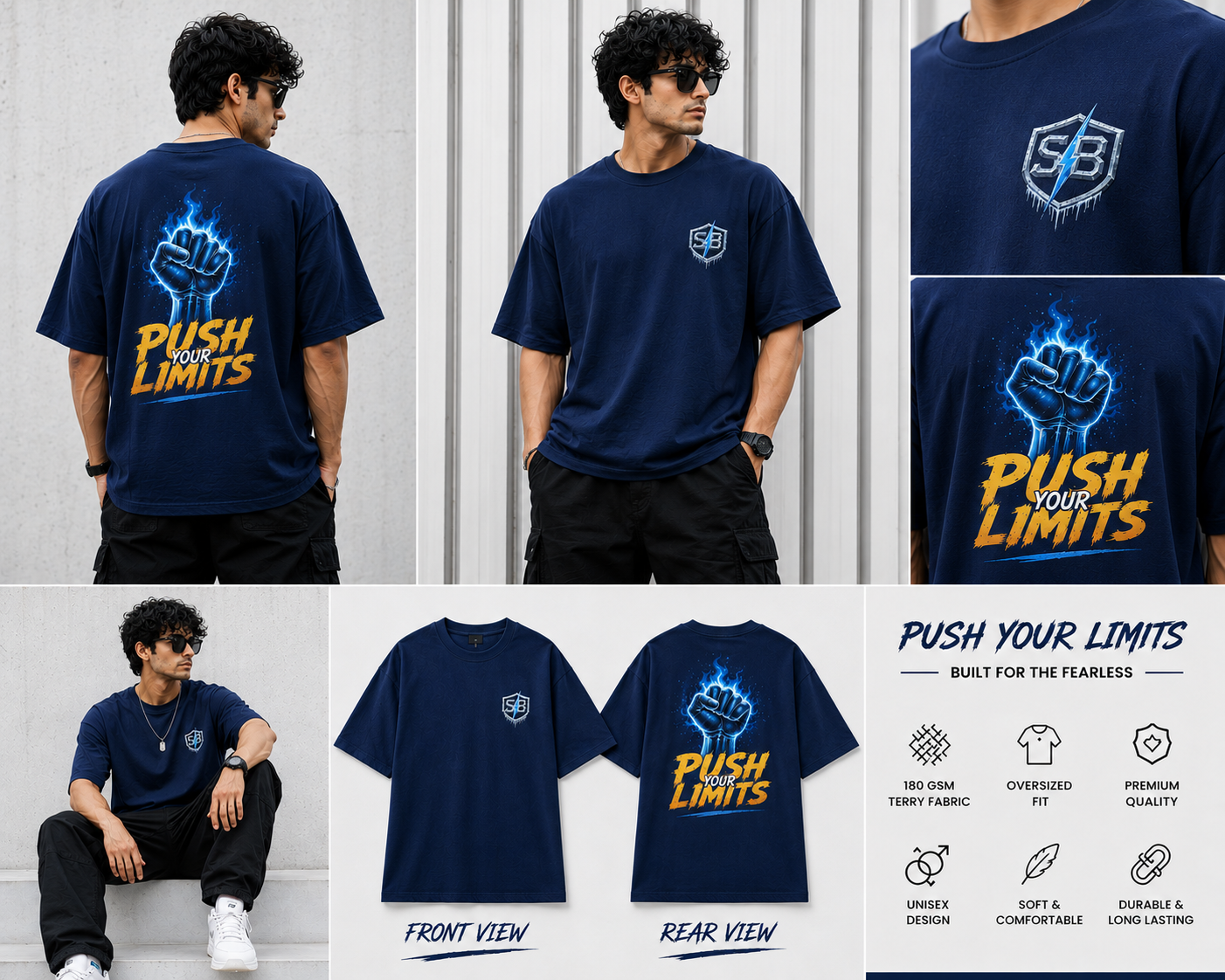 STASHBUDDY Push Your Limits Oversized T-Shirt – Navy Blue